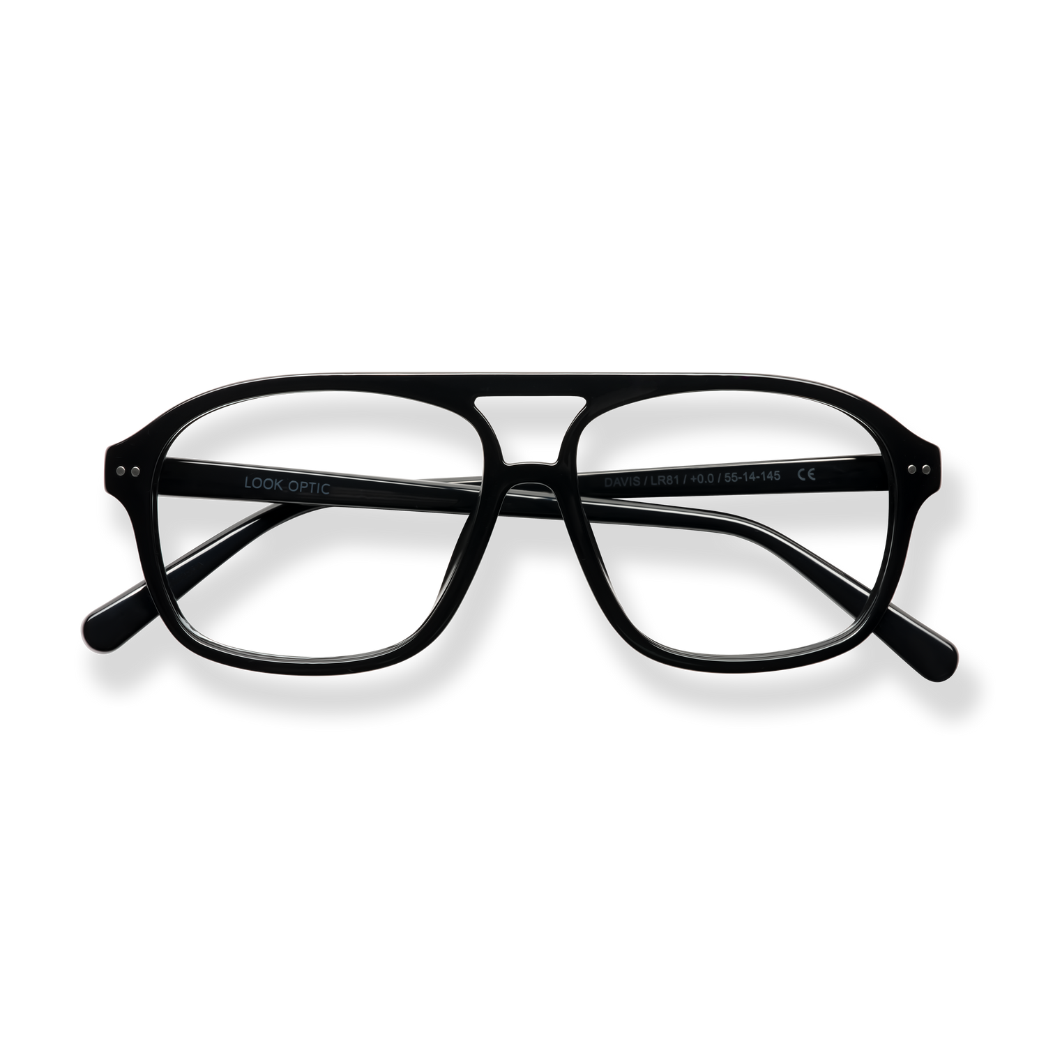 
Black rectangular eyeglasses with clear lenses and subtle silver detailing.