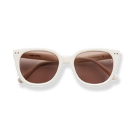 
White cat-eye sunglasses with brown gradient lenses.