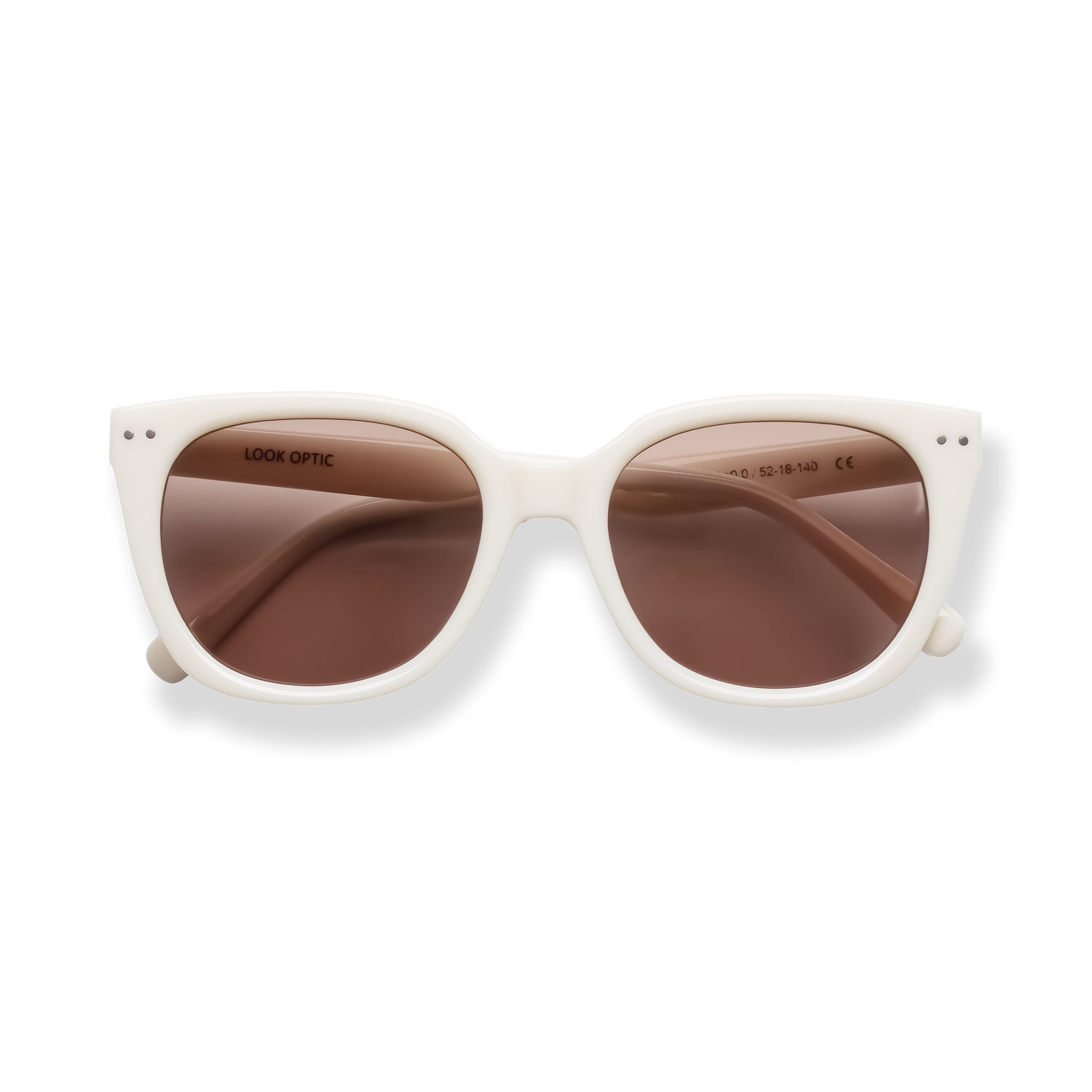
White cat-eye sunglasses with brown gradient lenses.