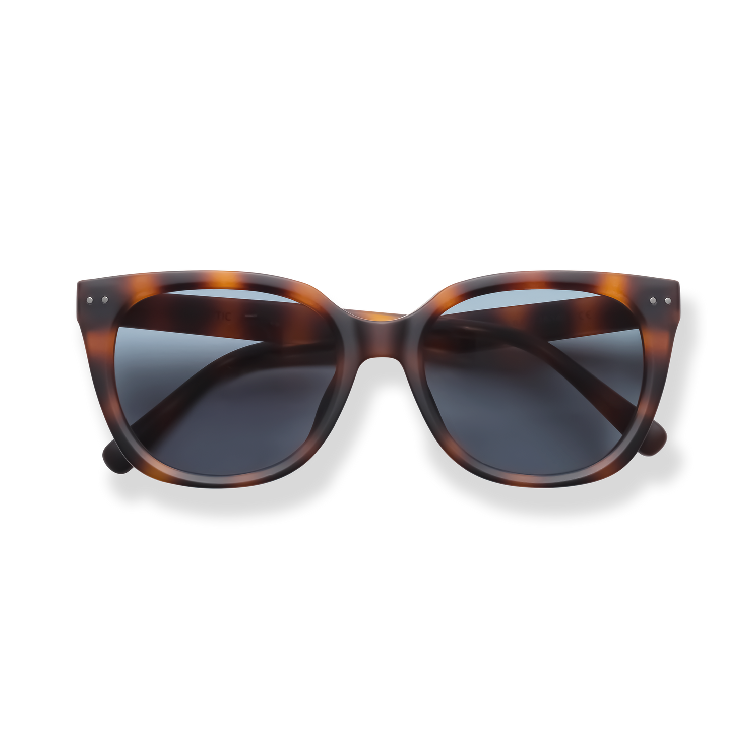 
Tortoiseshell cat-eye sunglasses with dark gradient lenses and silver stud accents.