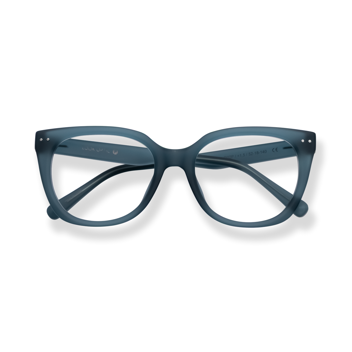 
Dark blue cat-eye eyeglasses with rounded lenses and silver stud details.