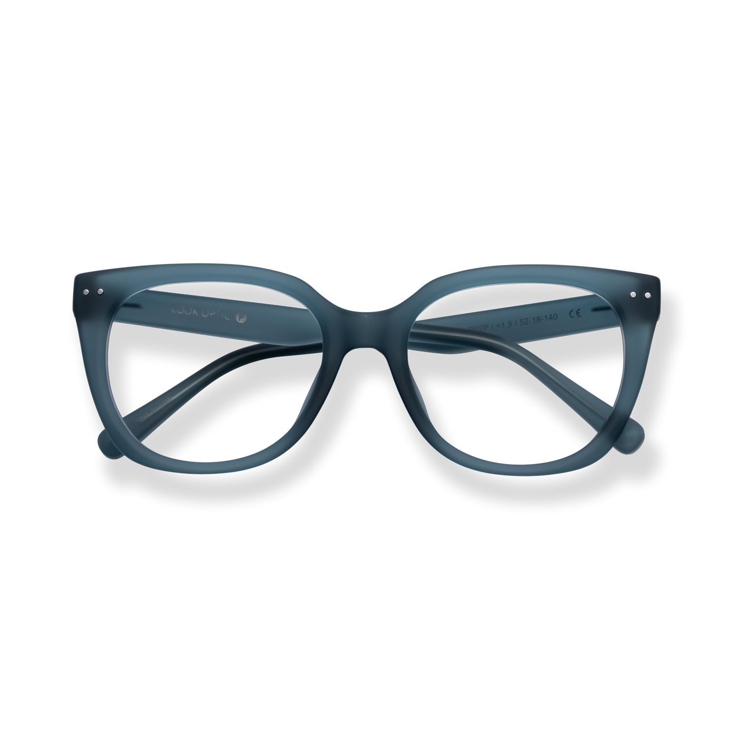 
Dark blue cat-eye eyeglasses with rounded lenses and silver stud details.