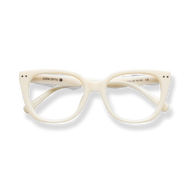
Cream cat-eye eyeglasses with thick frames and white temple arms.