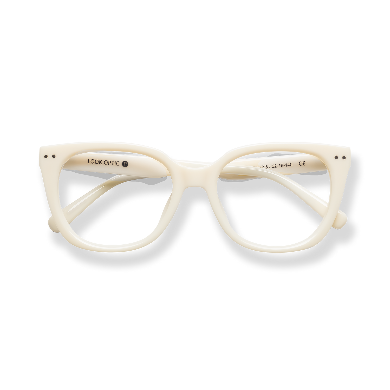 
Cream cat-eye eyeglasses with thick frames and white temple arms.