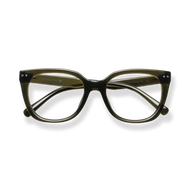 
Olive green cat-eye glasses with dark gradient lenses and silver temple accents.