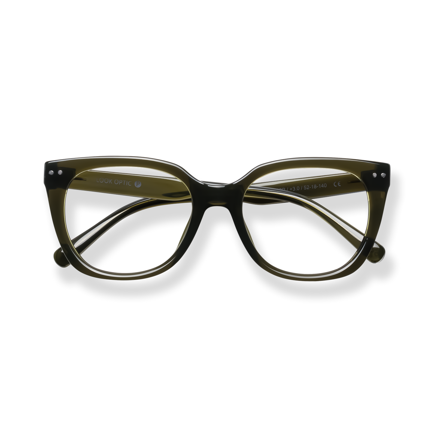 
Olive green cat-eye glasses with dark gradient lenses and silver temple accents.