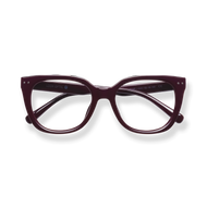 
Burgundy cat-eye reading glasses with a glossy finish and oversized rounded lenses.