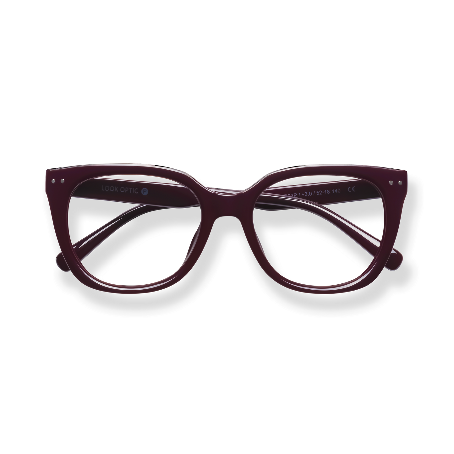 
Burgundy cat-eye reading glasses with a glossy finish and oversized rounded lenses.