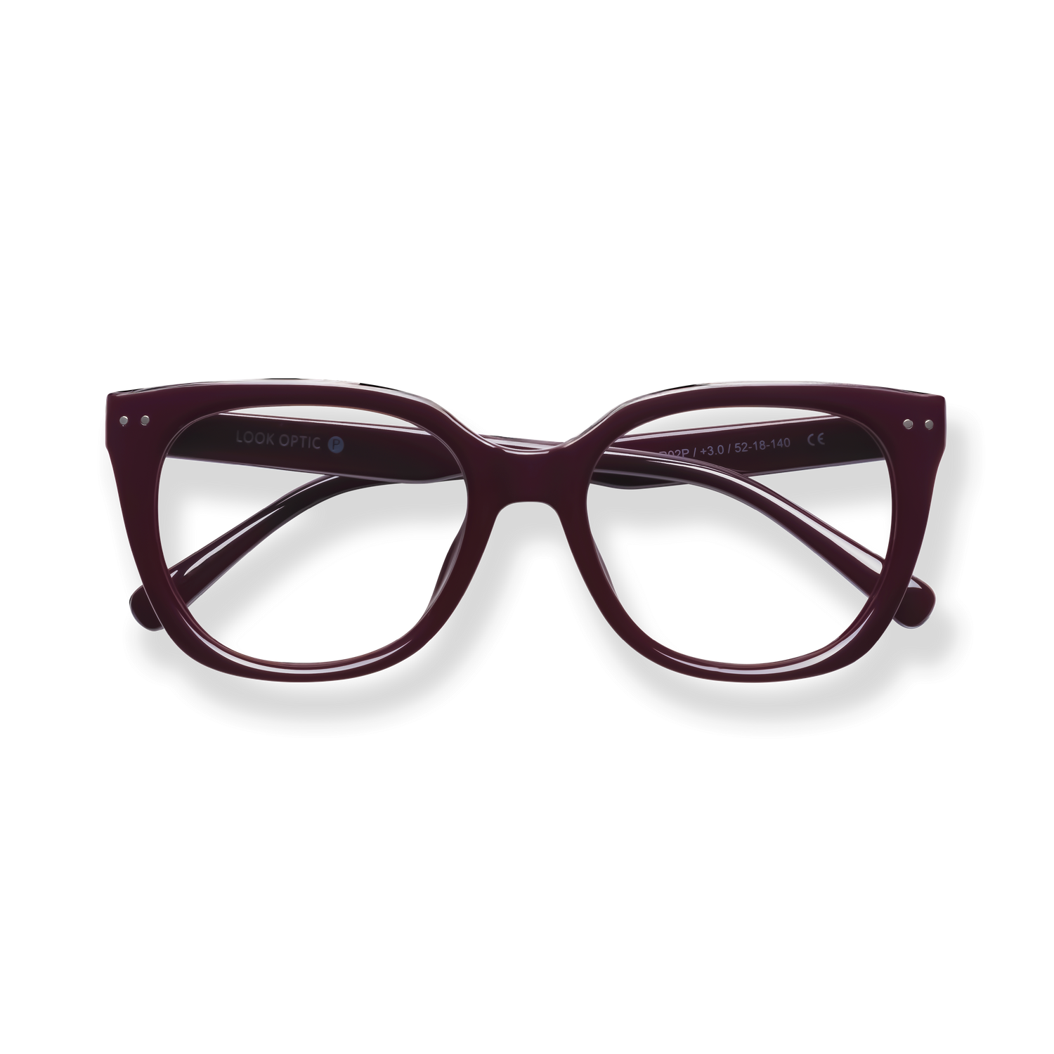 
Burgundy cat-eye reading glasses with a glossy finish and oversized rounded lenses.