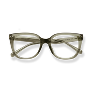 
Translucent olive-green cat-eye eyeglasses with clear lenses and decorative silver temple tips.