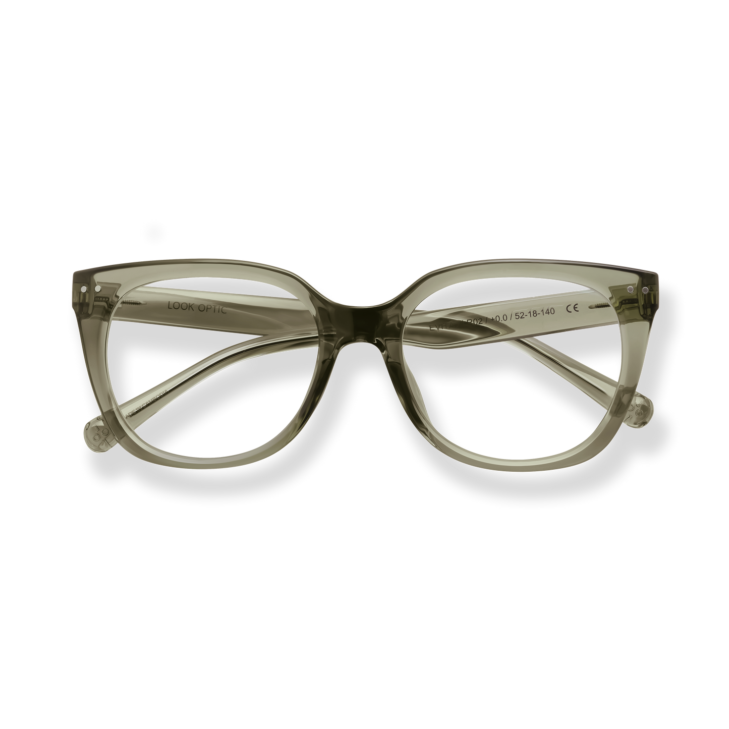 
Translucent olive-green cat-eye eyeglasses with clear lenses and decorative silver temple tips.