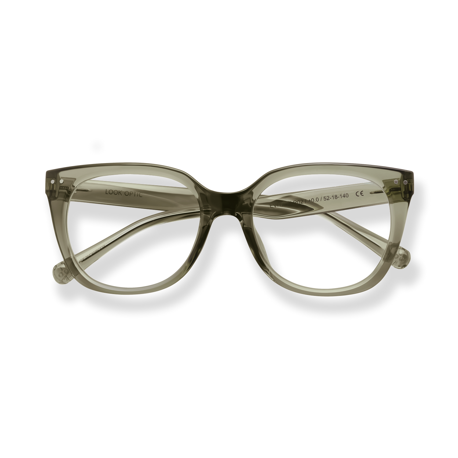 
Translucent olive-green cat-eye eyeglasses with clear lenses and decorative silver temple tips.