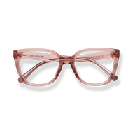 
Translucent pink cat-eye eyeglasses with a double bridge and clear temple accents.