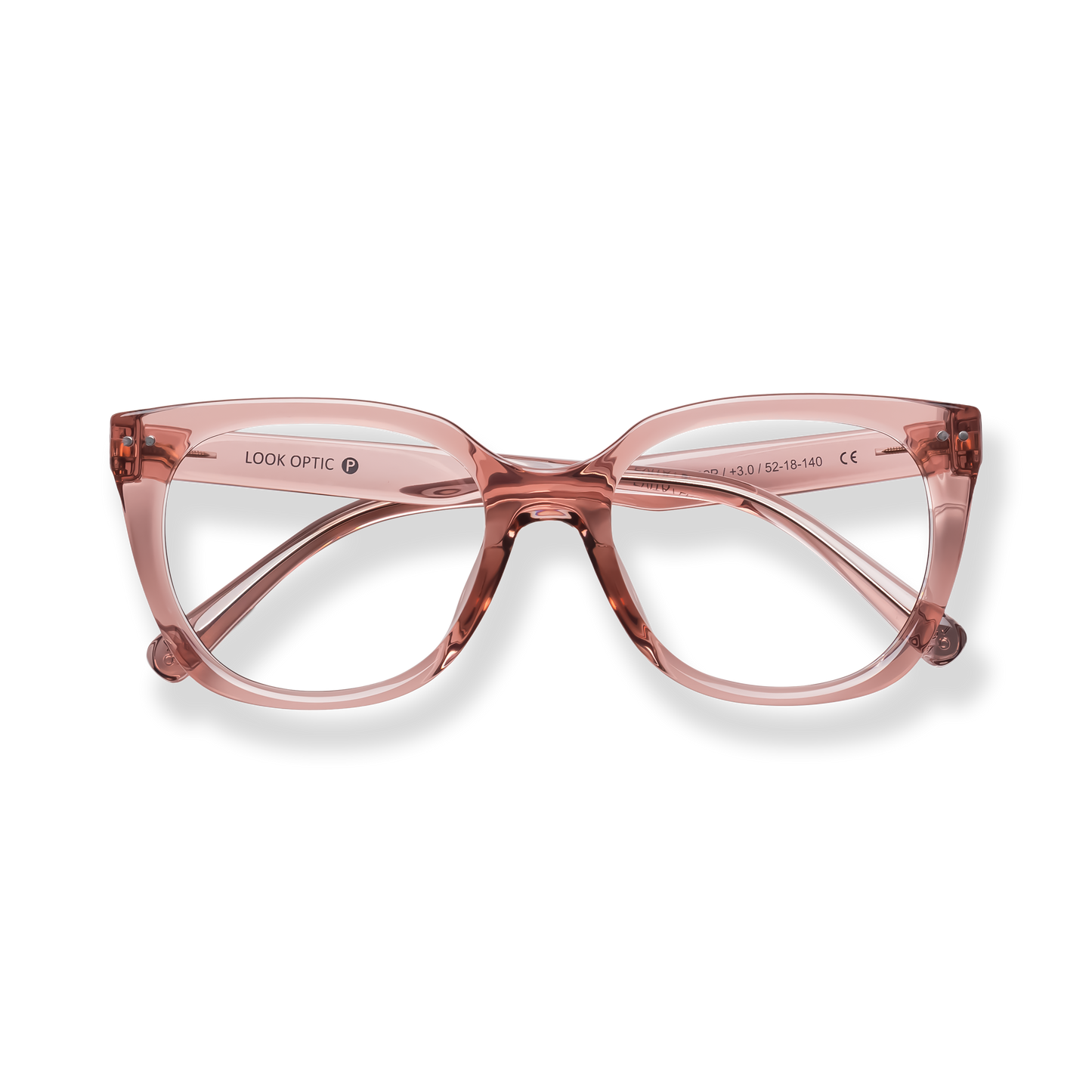 
Translucent pink cat-eye eyeglasses with a double bridge and clear temple accents.
