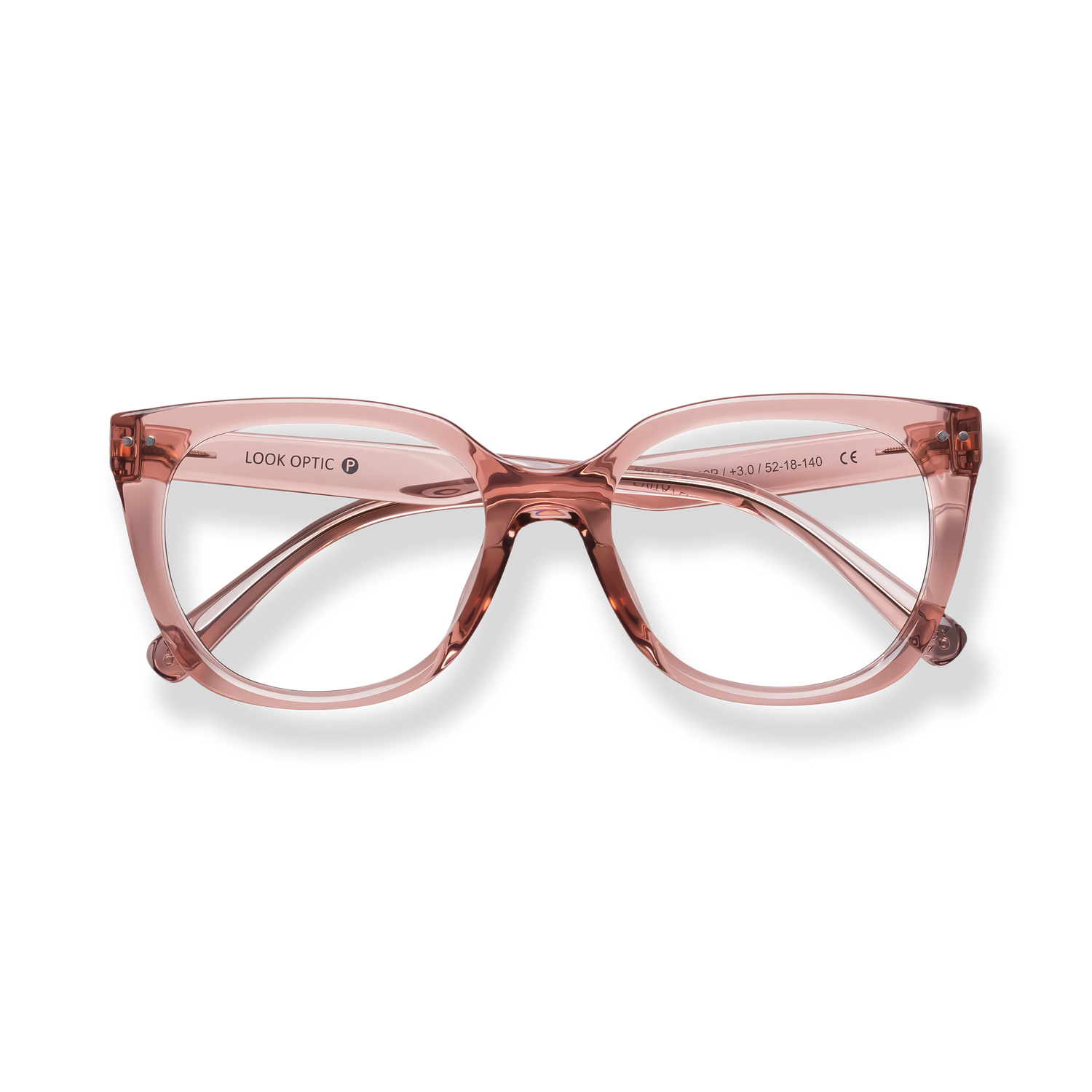 
Translucent pink cat-eye eyeglasses with a double bridge and clear temple accents.