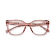 
Translucent pink cat-eye eyeglasses with a double bridge and clear temple accents.