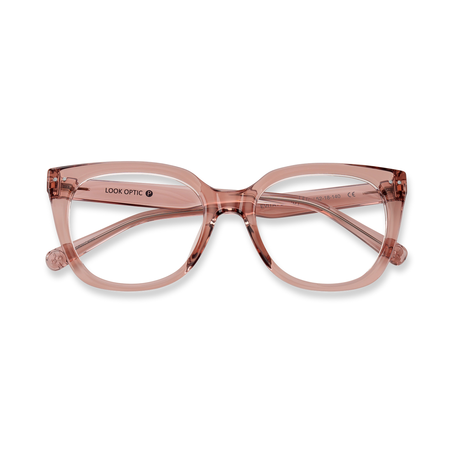 
Translucent pink cat-eye eyeglasses with a double bridge and clear temple accents.
