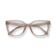 
Taupe cat-eye reading glasses with clear lenses and silver rivet accents.
