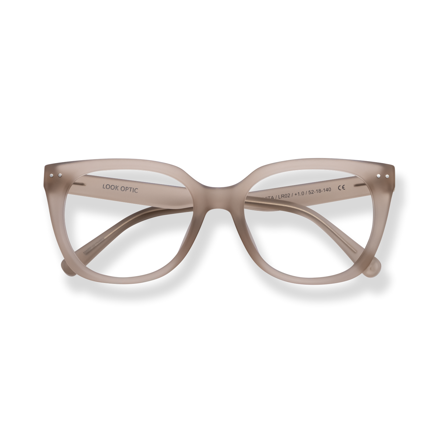 
Taupe cat-eye reading glasses with clear lenses and silver rivet accents.