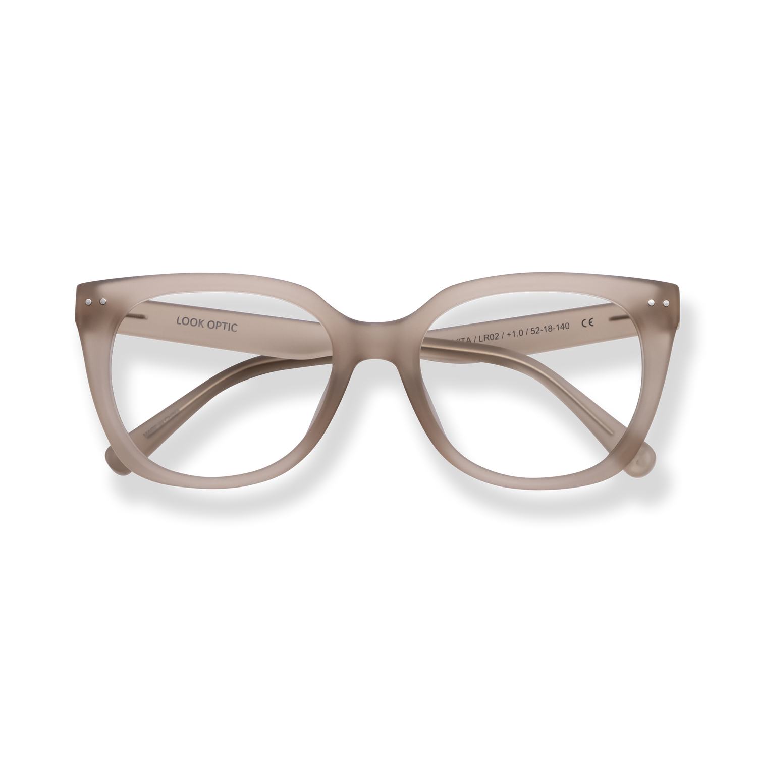 
Taupe cat-eye reading glasses with clear lenses and silver rivet accents.