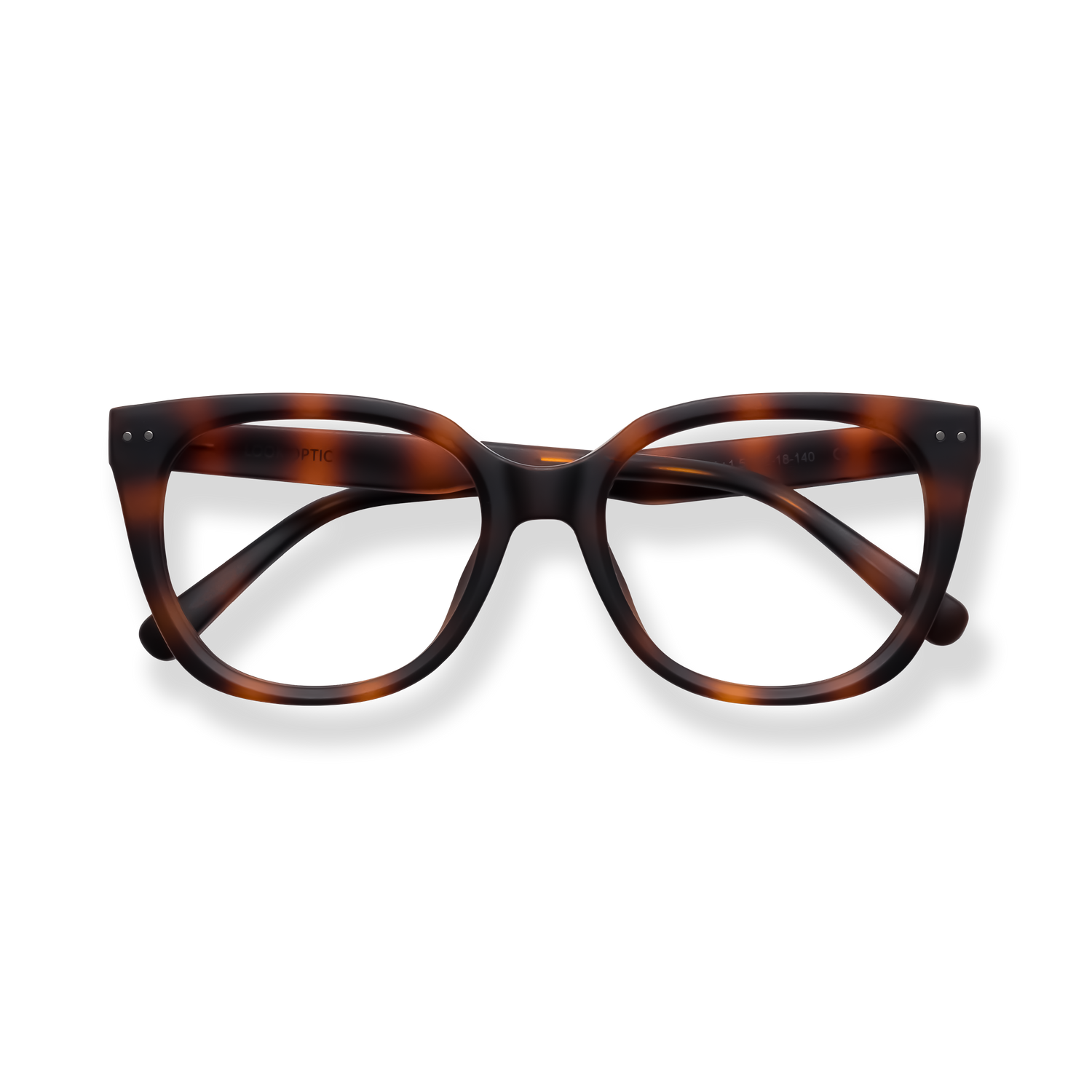 
Tortoiseshell cat-eye eyeglasses with wide frames and curved temples.
