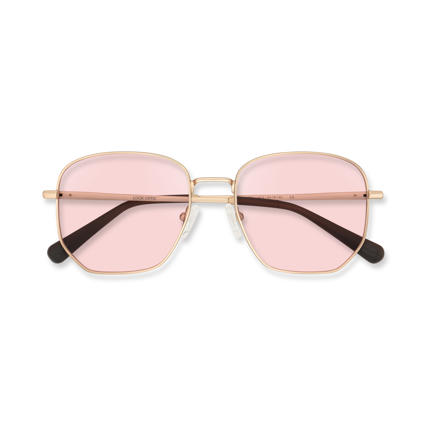 
Rose gold aviator sunglasses with pink lenses, dark tortoiseshell temples, and a double bridge.