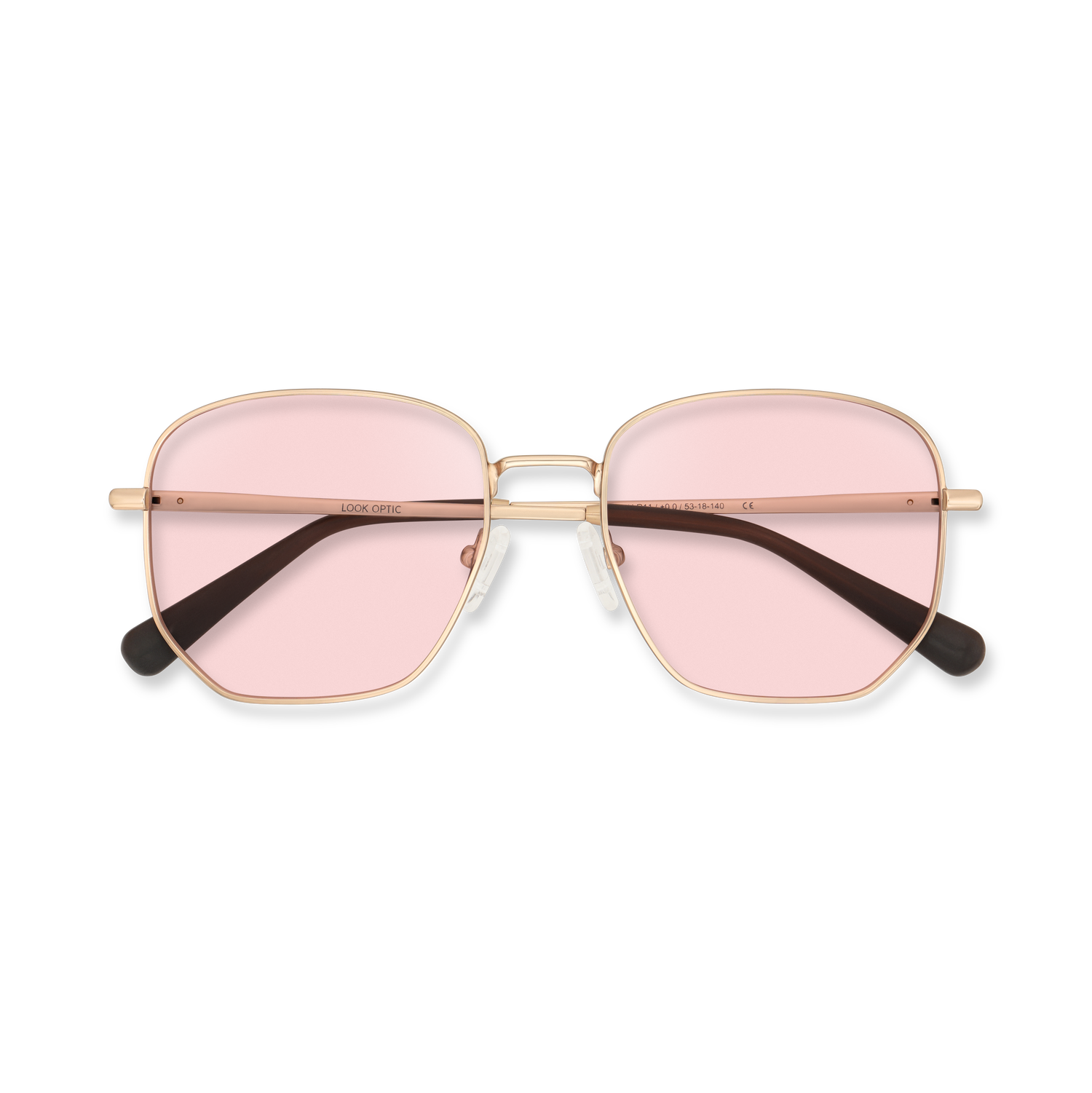 
Rose gold aviator sunglasses with pink lenses, dark tortoiseshell temples, and a double bridge.