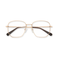 
Gold aviator-style eyeglasses with clear lenses and brown temple tips.