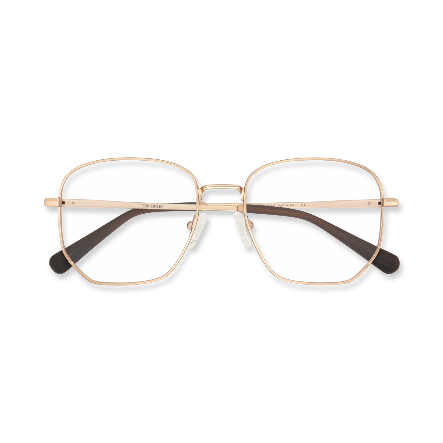 
Gold aviator-style eyeglasses with clear lenses and brown temple tips.