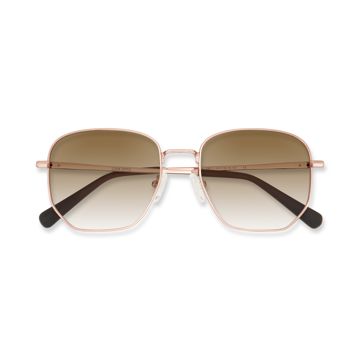 
Rose gold aviator sunglasses with gradient brown lenses and dark brown temple tips.