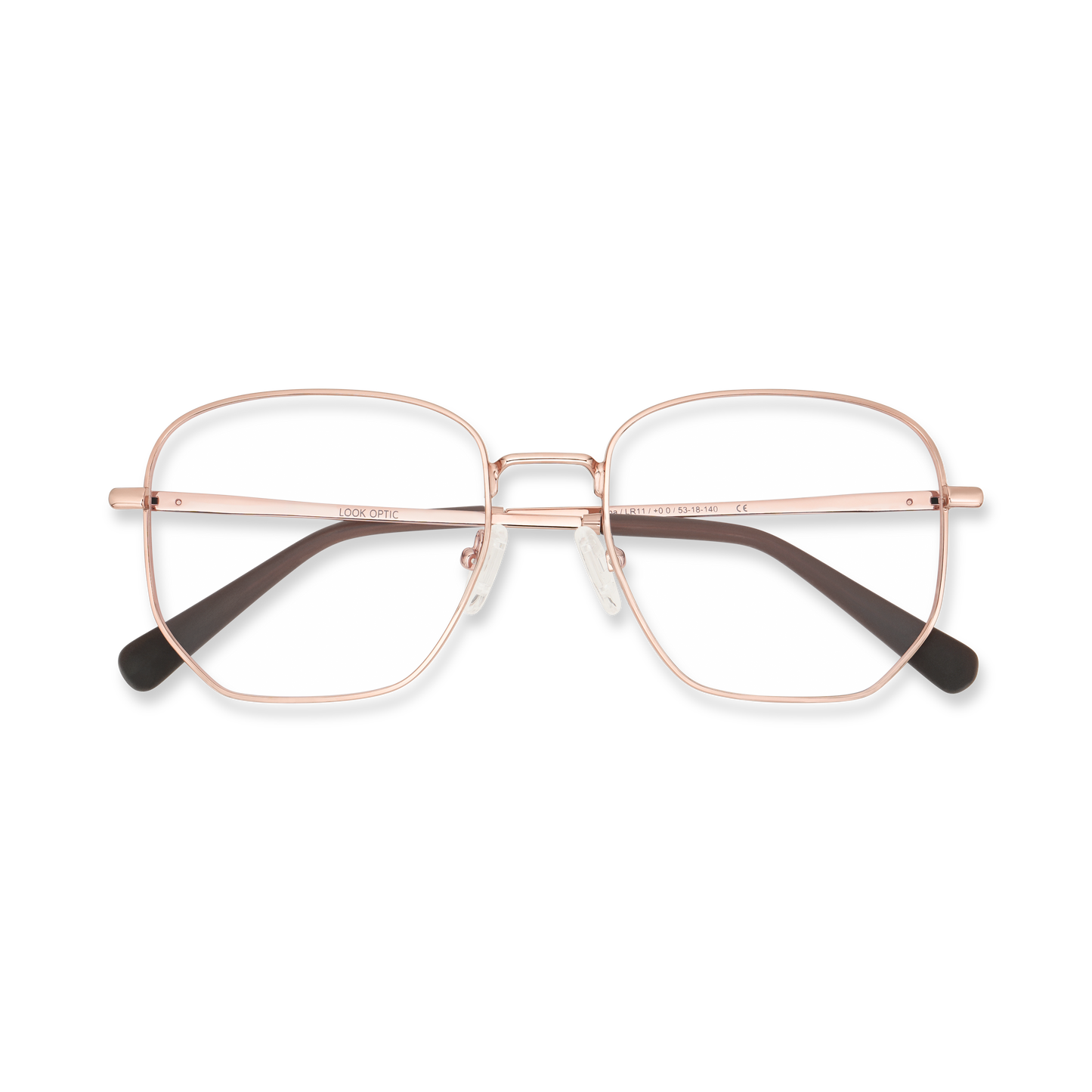 
Rose gold square eyeglasses with gradient gray lenses and dark tortoiseshell temple tips.