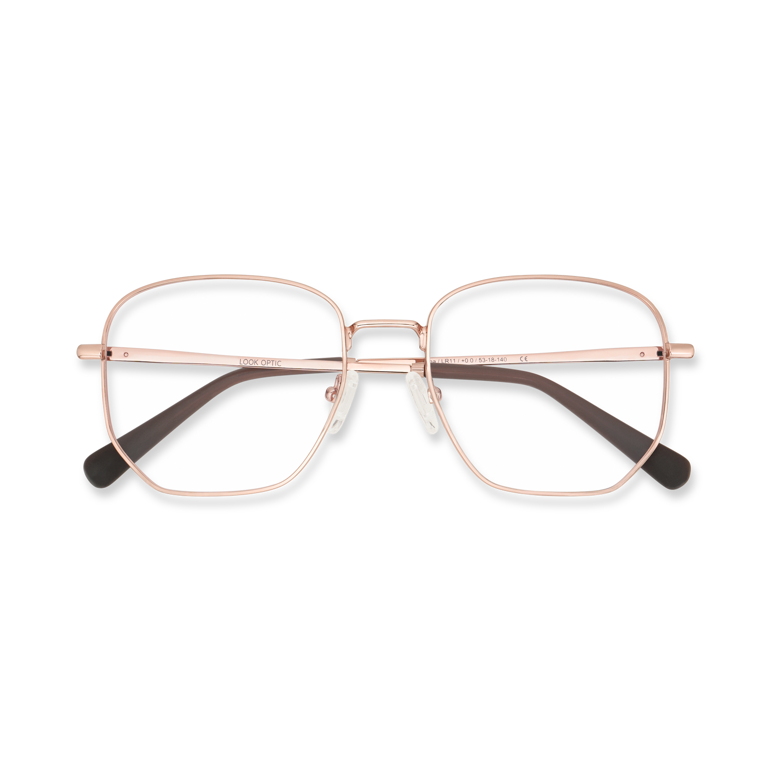 
Rose gold square eyeglasses with gradient gray lenses and dark tortoiseshell temple tips.