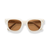 
Cream square-frame sunglasses with brown lenses and a chunky white frame.