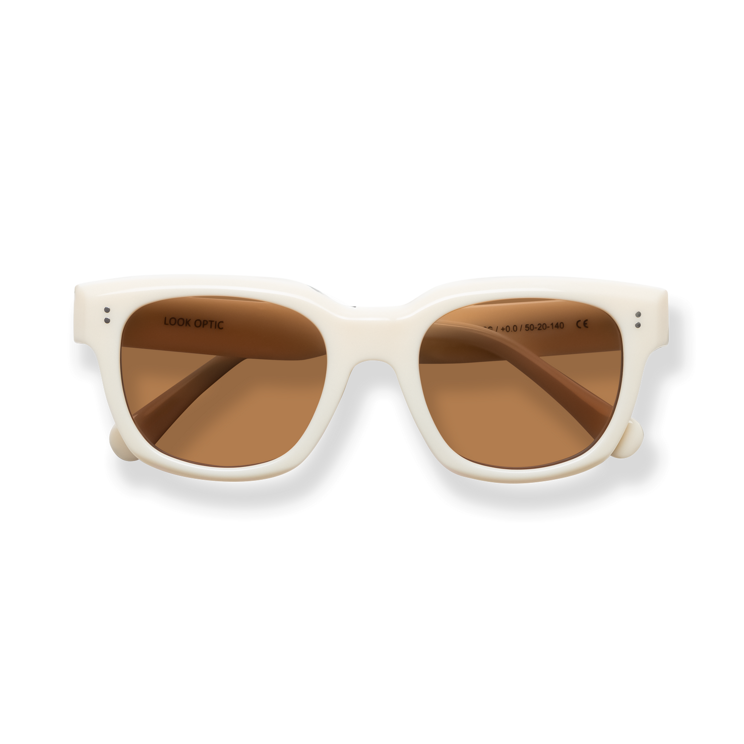 
Cream square-frame sunglasses with brown lenses and a chunky white frame.