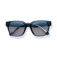 
Blue rectangular eyeglasses with gray lenses and translucent frames.