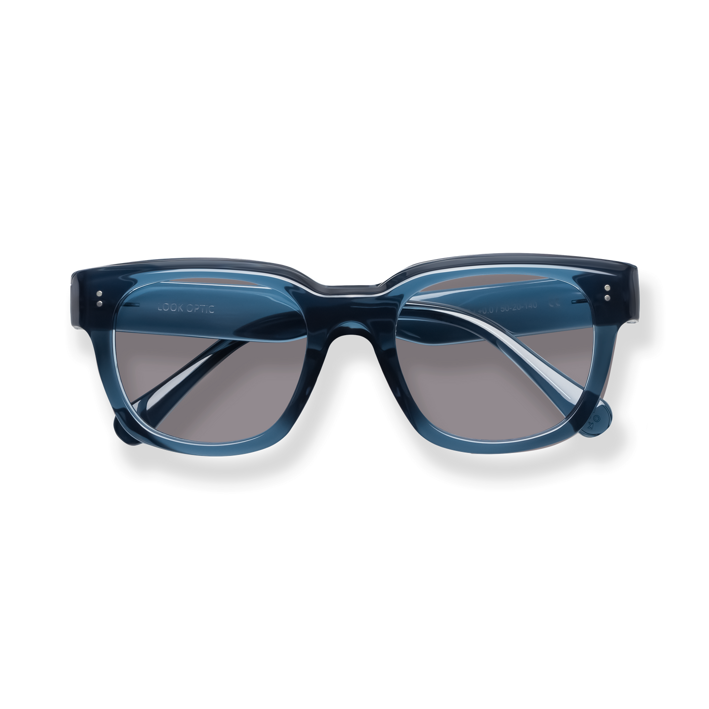 
Blue rectangular eyeglasses with gray lenses and translucent frames.