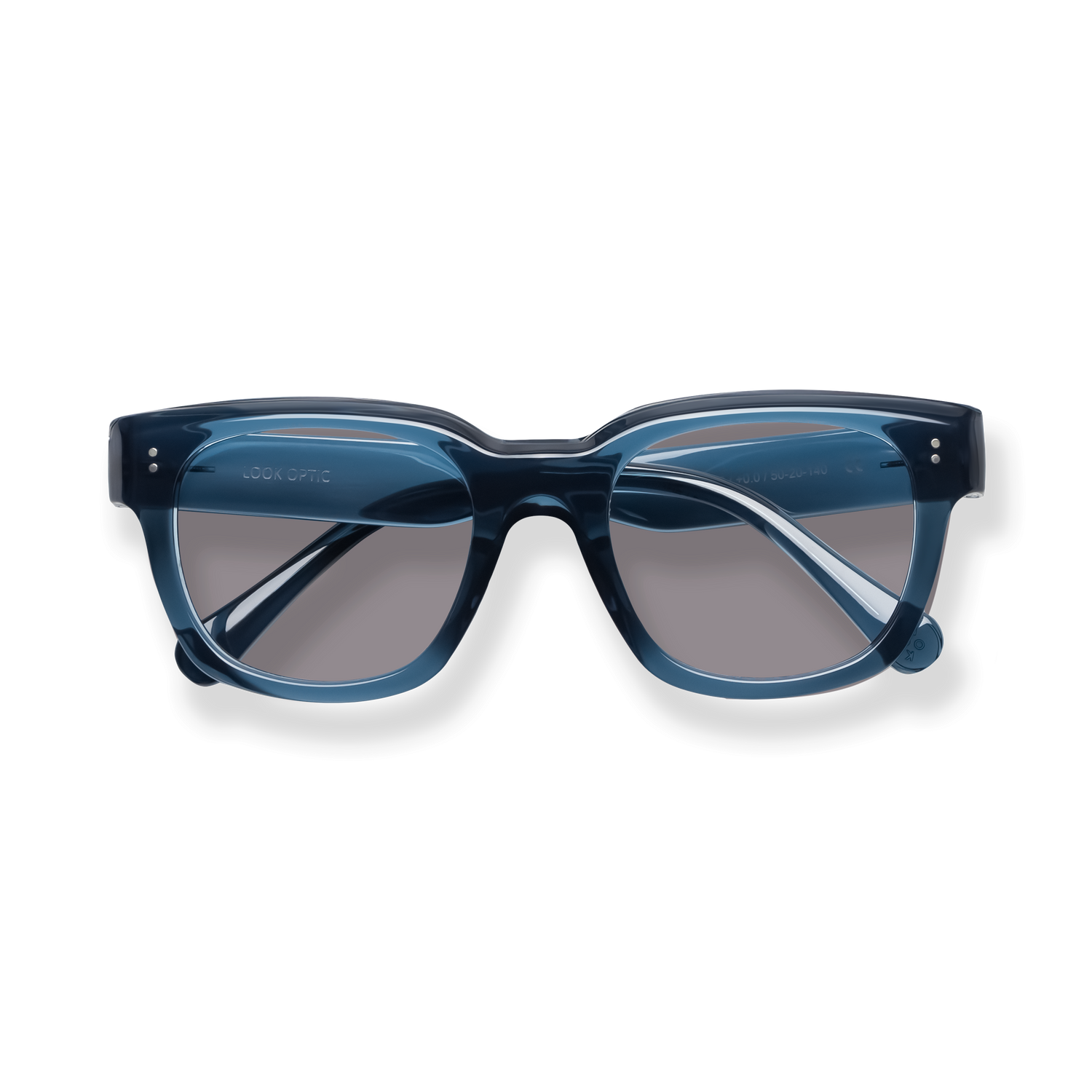 
Blue rectangular eyeglasses with gray lenses and translucent frames.