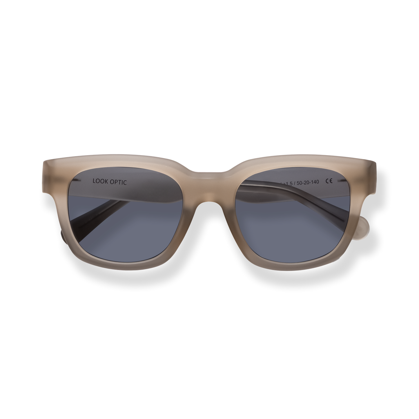 
Beige square sunglasses with dark blue lenses and a translucent frame.
