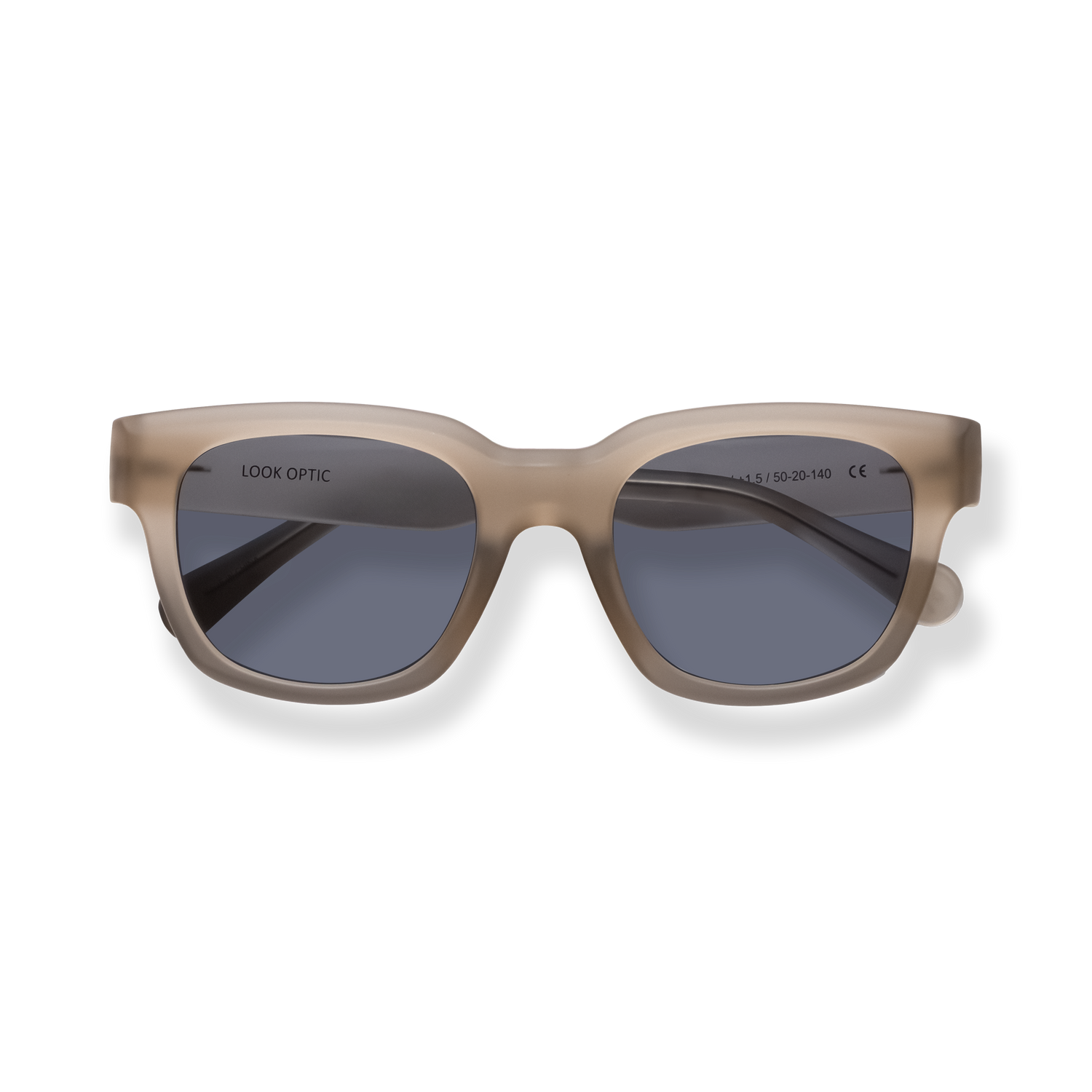 
Beige square sunglasses with dark blue lenses and a translucent frame.