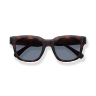 
Tortoiseshell square sunglasses with dark gray lenses and black temple tips.