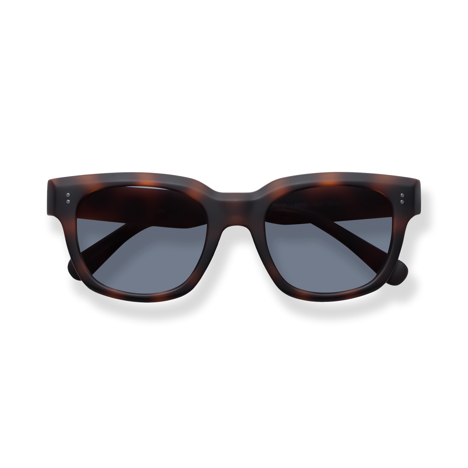 
Tortoiseshell square sunglasses with dark gray lenses and black temple tips.