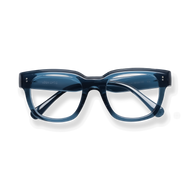 
Dark blue rectangular reading glasses with clear lenses and thick frames.