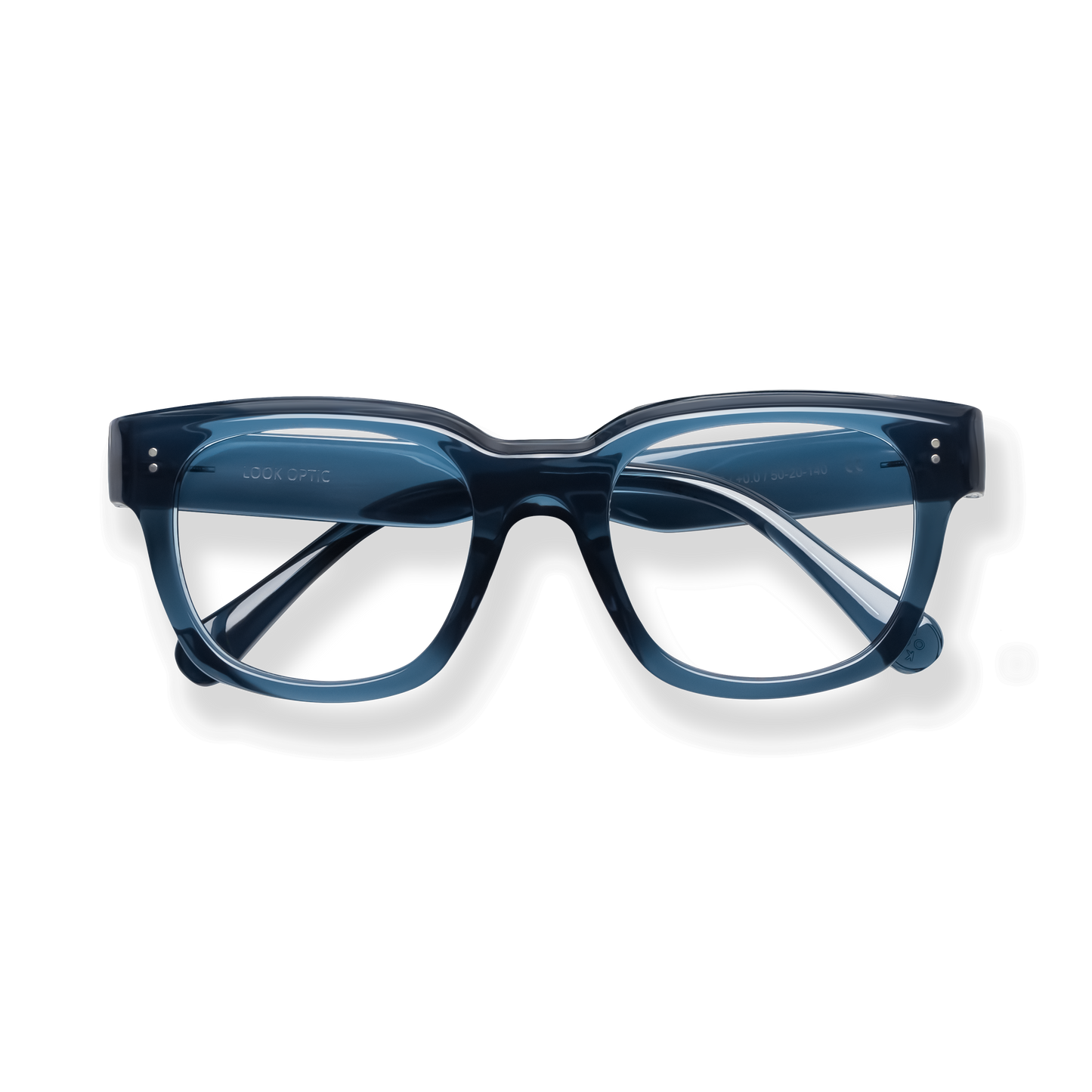 
Dark blue rectangular reading glasses with clear lenses and thick frames.