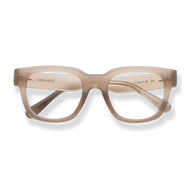 
Translucent beige square reading glasses with a distinctive double-bridge frame.