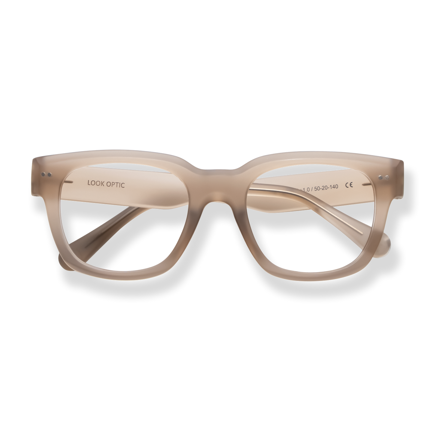 
Translucent beige square reading glasses with a distinctive double-bridge frame.