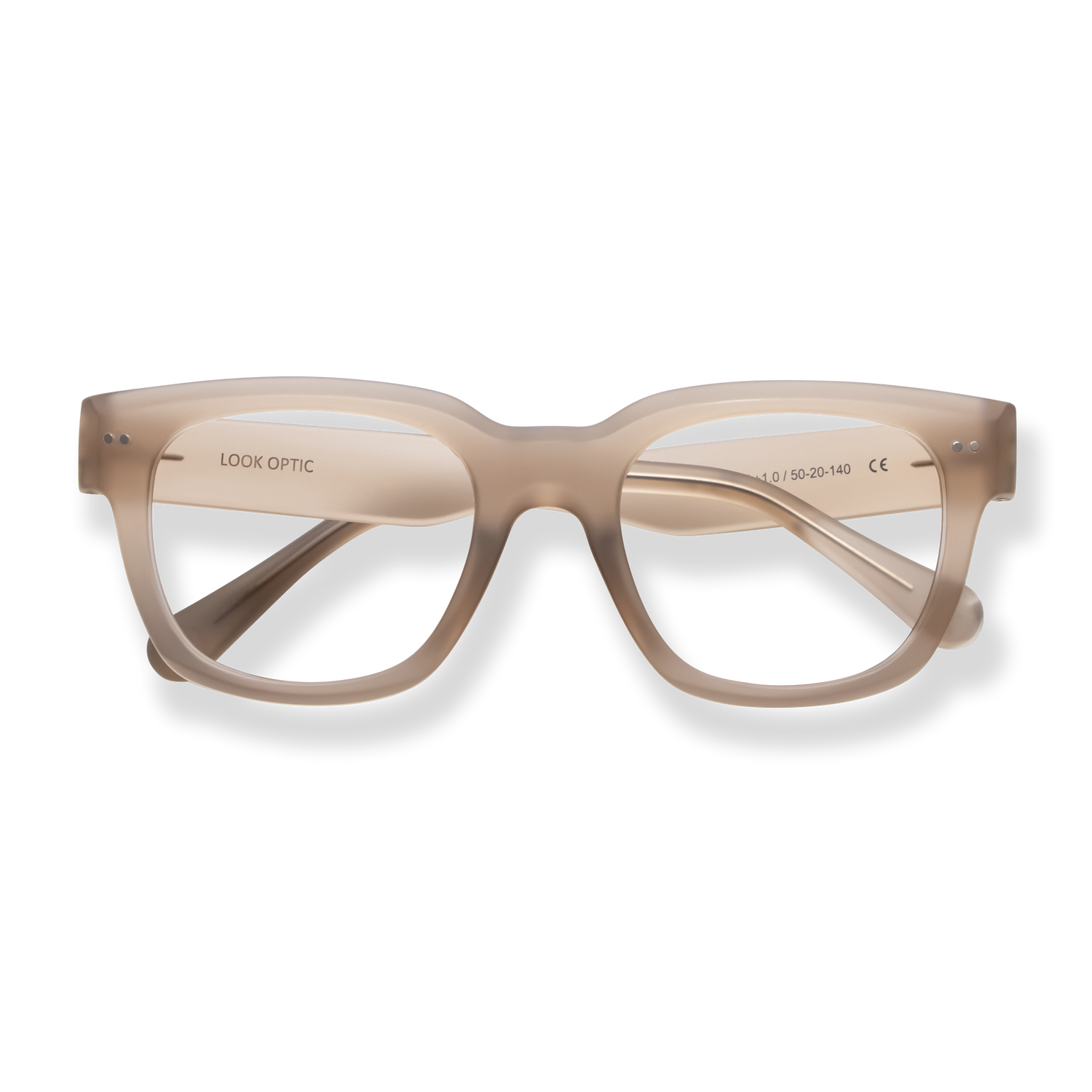 
Translucent beige square reading glasses with a distinctive double-bridge frame.