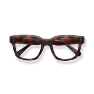 
Tortoiseshell rectangular reading glasses with clear lenses and dark temples.