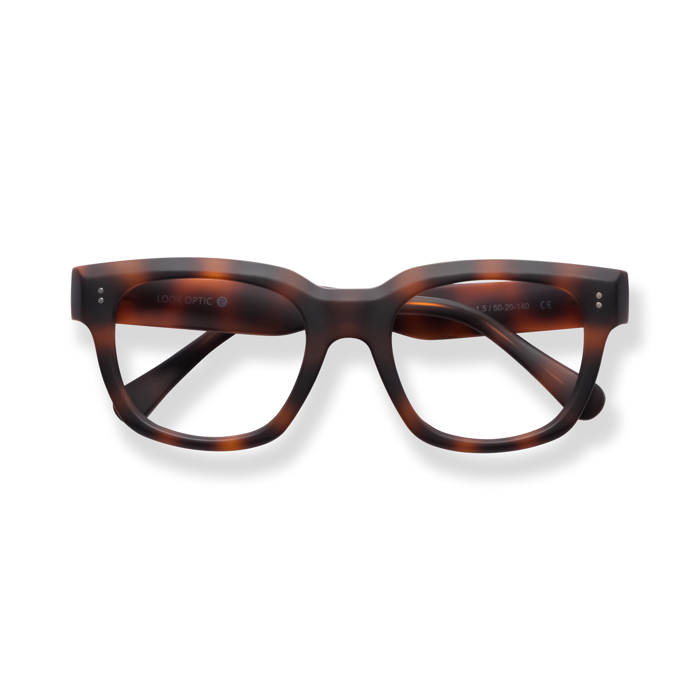 
Tortoiseshell rectangular reading glasses with clear lenses and dark temples.