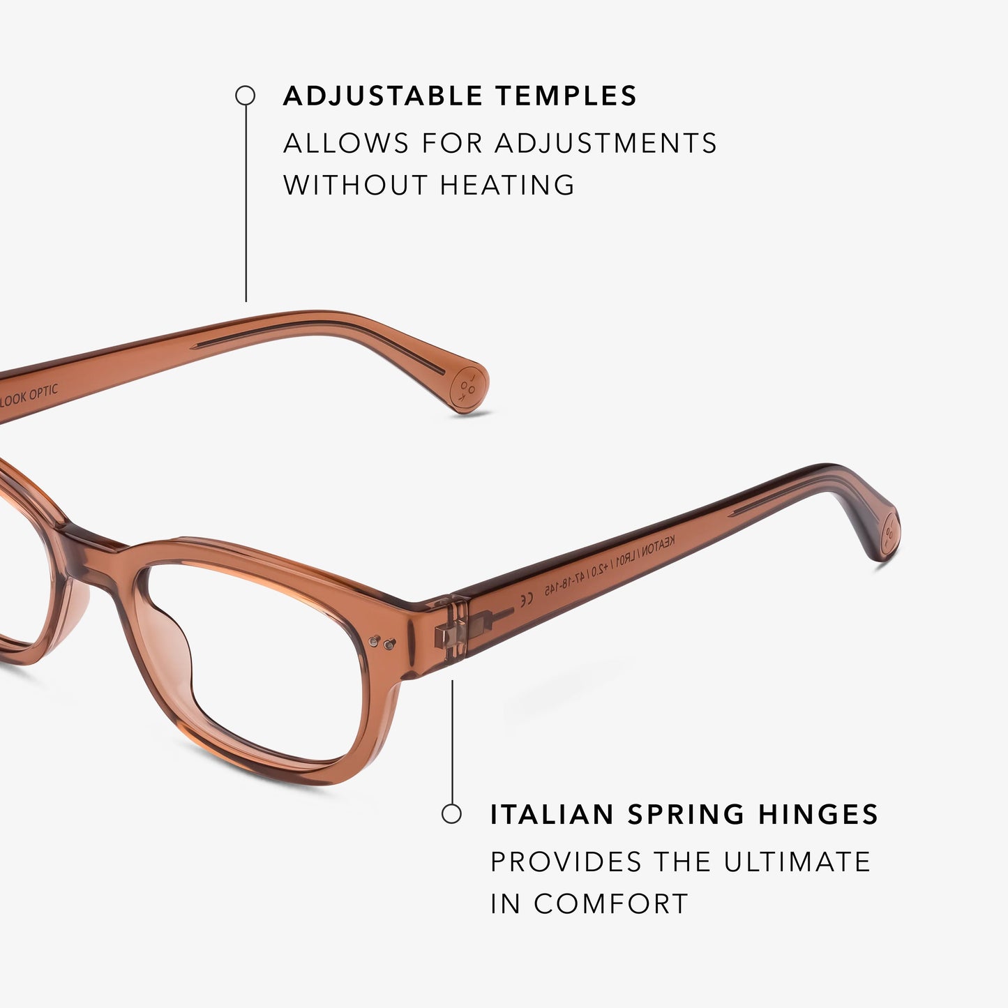 
Rectangle frames in a shiny cinnamon brown finish with lightly tinted brown lenses.