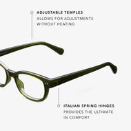 
Rectangle glasses with a shiny forest green frame and clear lenses.